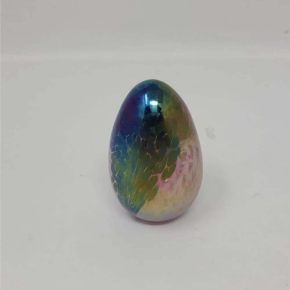 Vintage GES 94 Iridescent Egg Glass Eye Studio Art Paperweight Dated Signed
